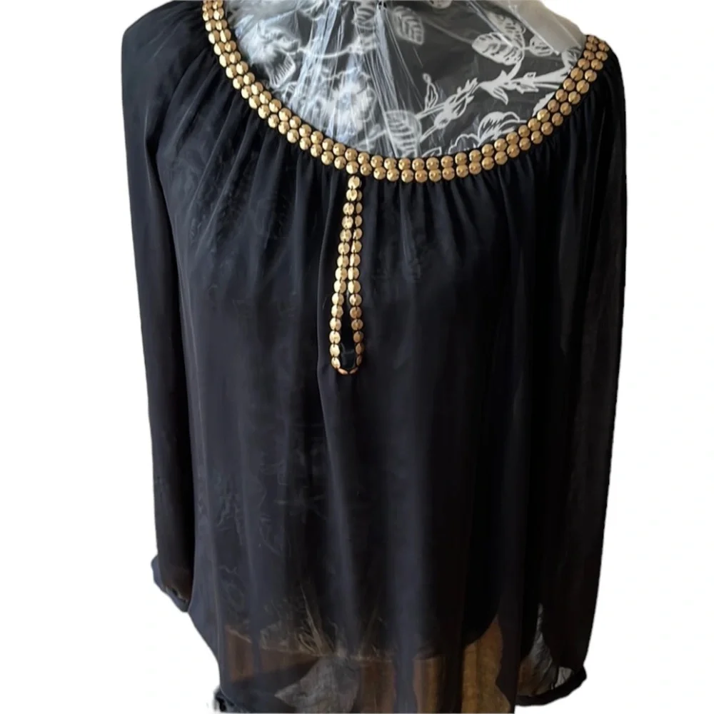 Micheal Kors size XL black semi sheer pheasant top long sleeve gold studs